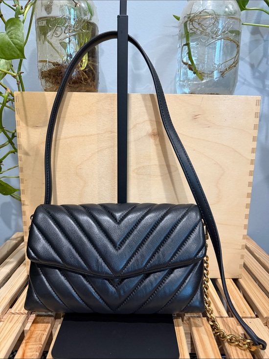 Quince Handbags - Quince Black Sheepskin Leather Chevron Quilted Crossbody Bag Gold Chain